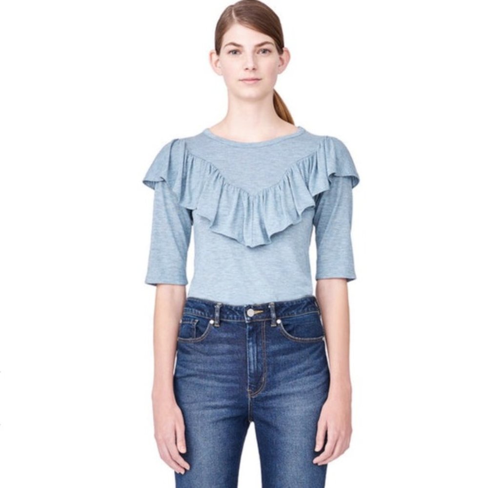 PIPER Dusty Blue Ruffle Collar Half Sleeve Woven Knit Shirt Top| Size XS